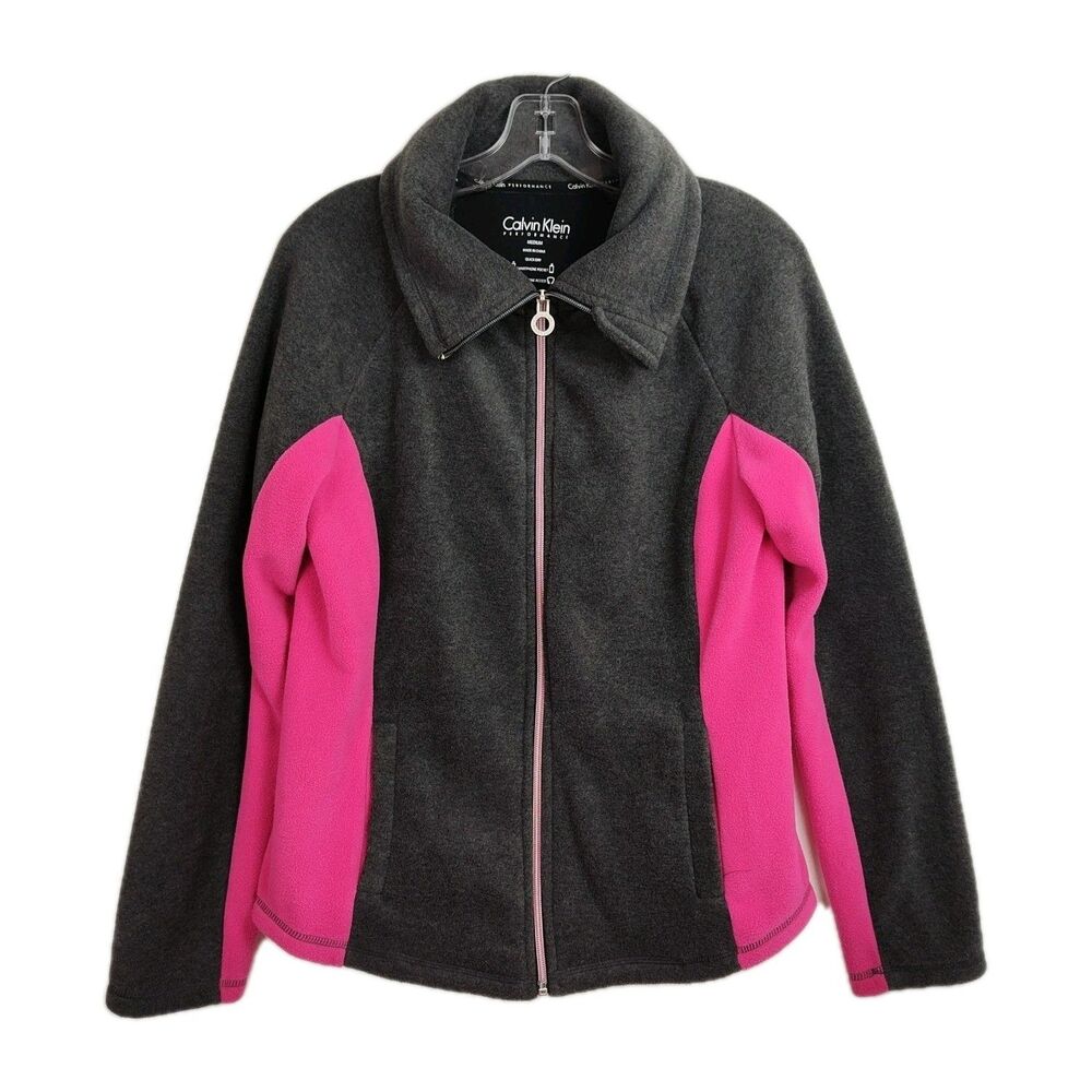 Calvin Klein Performance Full-Zip Fleece Jacket Women's Sz M Gray & Pink Pockets